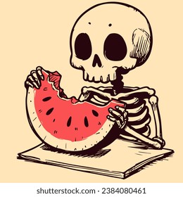 Digital art of a skeleton eating a slice of juicy watermelon. Hungry skull with bones holding a fruit on a table. Cartoon character getting ready to eat a snack.
