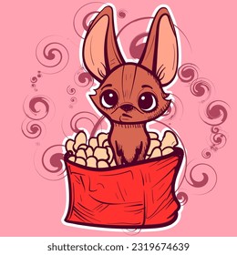 Arte digital de un perro pequeño sentado en una bolsa de chips. Vector de un lindo chihuahua o coyote con orejas grandes en una caja de refrigerios.