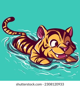 Digital art of a small tiger learning to swim in a pool. Wild animal swimming in a river, vector illustration.