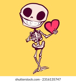 Digital art of a smiling skeleton cartoon holding a heart. Mascot character with bones and a skull, conceptual drawing for Valentine's day