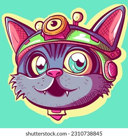 Digital art of a steampunk cat head with lenses and a cap. Smiling kitty vector wearing tech and robotic steam punk gadgets.