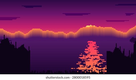 Digital art sunset scene, pixelated landscape, calm water reflection, dark cityscape silhouette.