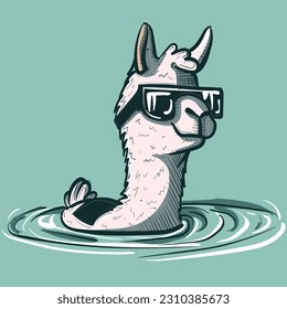 Digital art of a swimming llama with wet wool and sunglasses on a pool. Cool alpaca sitting in water splashes.