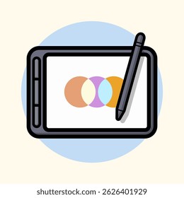 Digital art tablet with pen creating colorful graphics flat design Illustration