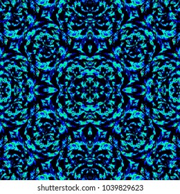 Digital art technique abstract shapes ornate seamless pattern design in black and turquoise colors