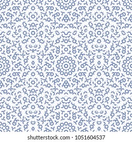 Digital art technique oriental style radial ornate seamless pattern design in blue and white colors