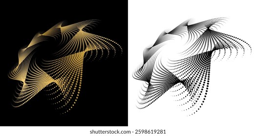 Digital Art for Textile, Cosmetics, Interior, Medical, Tech, and Fashion. Dynamic Halftone Pattern with Flowing Shapes Abstract Gradient and Black White Circular Wave Design. Futuristic Background