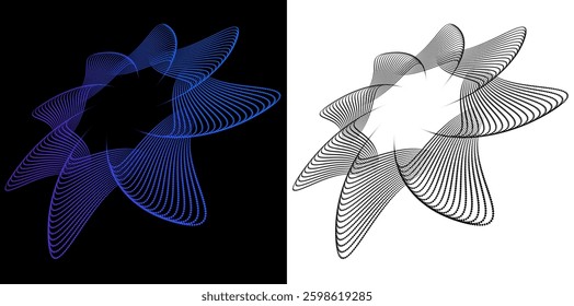 Digital Art for Textile, Cosmetics, Interior, Medical, Tech, and Fashion. Icon, Logo, and Background made of Circular Dots, Lines, and Spirals. and Black White Circular Wave Design. Futuristic 
