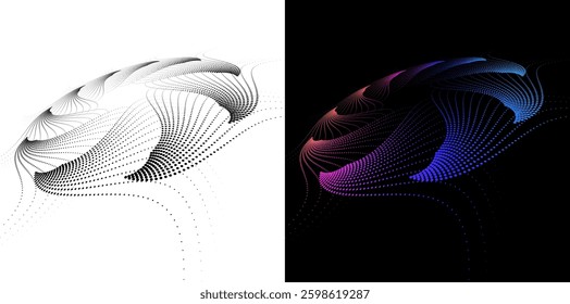 Digital Art for Textile, Cosmetics, Interior, Medical, Tech, and Fashion. Dynamic Halftone Pattern Icon, Logo, and Background made of Circular Dots, Lines, and Spirals. Wave Design. Futuristic 