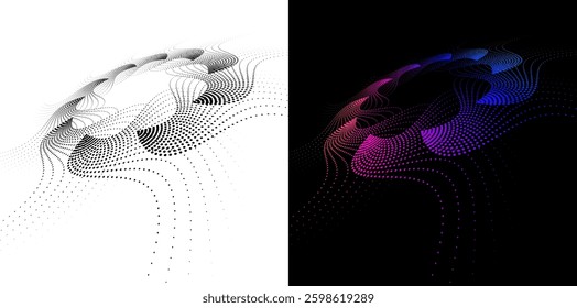 Digital Art for Textile, Cosmetics, Interior, Medical, Tech, and Fashion. Icon, Logo, and Background made of Circular Flowing Shapes Abstract Gradient and Black White Circular Wave Design. Futuristic 