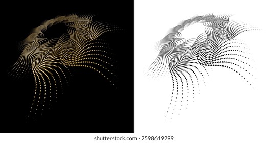 Digital Art for Textile, Cosmetics, Interior, Medical, Tech, and Fashion Icon, Background. Dynamic Halftone Pattern with Flowing Shapes Abstract Gradient and Black White Circular Wave Design