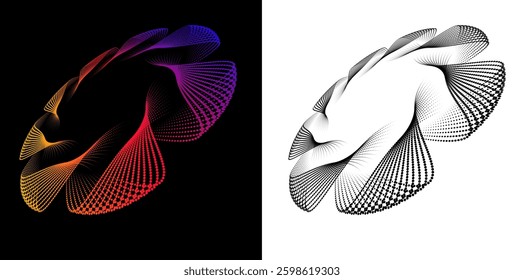 Digital Art for Textile, Cosmetics, Interior, Medical, Tech, and Fashion Icon, Background. Dynamic Halftone Pattern with Flowing Shapes Abstract Gradient and Black White Circular Wave Design