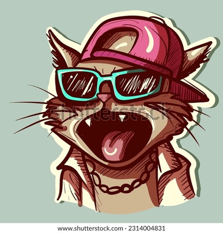 Digital art of a thug cat screaming and wearing a hat, shirt and sunglasses. Vector of a kitty yelling.