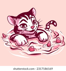 Digital art of a tiger swimming in a pool with milk and strawberries. Vector of a wild feline floating in water.