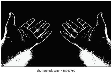 Digital art vector in realistic style of human body part hands in white outline on black background
