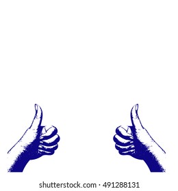 Digital art vector in realistic style of human thumps up hands in blue outline on white background and space for add text