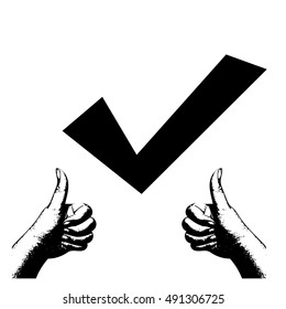 Digital art vector in realistic style of human thumps up hands in black outline and yes check in mark sign on white background