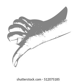 Digital art vector in realistic style of human bad thumbs down hand in gray outline on white background