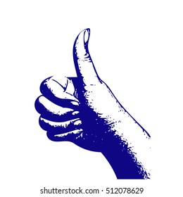 Digital art vector in realistic style of human thumbs up hand in blue outline on white background