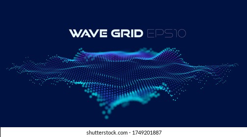 Digital art wave particles grid for design. Dynamic wave flow. Abstract 3d art background. Cyber space background. Particles vector.