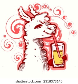 Digital art of a white llama drinking lemonade with a straw. Vector of an alpaca holding a carbonated beverage