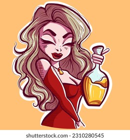 Digital art of a witchy woman in a red dress holding a flask with a gold liquid. Vector of a girl with blonde hair holding a potion in her hand.