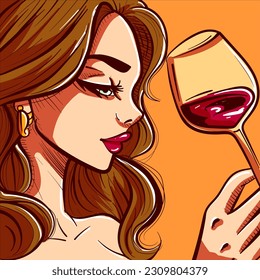 Digital art of a woman drinking wine. Vector of a girl holding a wineglass. Beautiful female toasting and enjoying a cocktail.