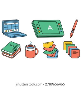 Digital art workspace and remote design studio tools isometric vector icon pack featuring laptop mockup, interactive graphics drawing tablet, stylus pen, ideas sketchbook diary, coffee cup mug, sticky notes stack, and color palette sheets.