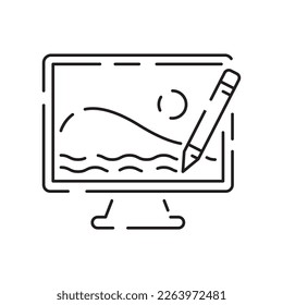 Digital artist and digital art tools line icon thin line design. Vector sign screen and display 