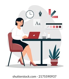 Digital artist concept. Woman sits at laptop and creates graphic elements for website. Designer selects color, develops interface for program or application. Cartoon flat vector illustration