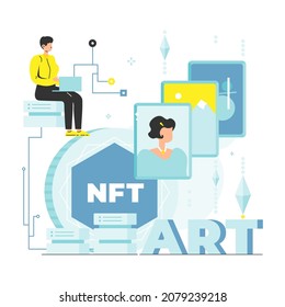 Digital artist creating crypto art and selling nft tokens, vector illustration. Nft art in metaverse. Non-fungible token.