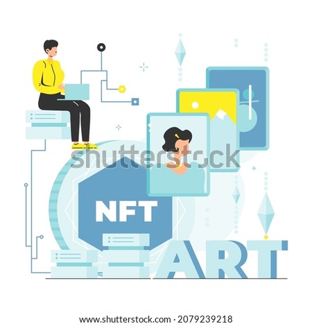 Digital artist creating crypto art and selling nft tokens, vector illustration. Nft art in metaverse. Non-fungible token.