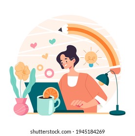 Digital artist designer freelancer woman worker character sitting at computer and drawing. Vector cartoon flat graphic design illustration