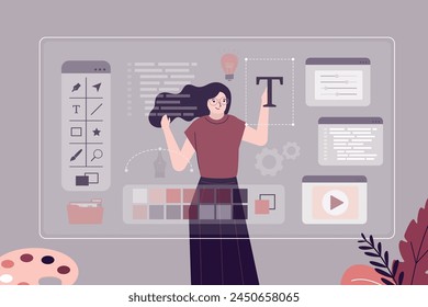 Digital artist drawing in graphic editor program on transparent screen. Female creative illustrator creating illustration or design graphic. Woman freelancer at work. flat vector illustration