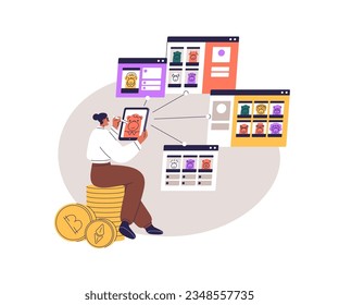 Digital artist drawing for NFT blockchain market. Creative person selling online assets, nonfungible token artwork. NFTs business concept. Flat graphic vector illustration isolated on white background