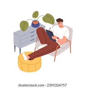 Artista digital dibujando en tableta electrónica, sentado en un acogedor sillón en casa. Ilustrador de hombre creativo con almohadilla y lápiz, trabajando en equipo. Ilustración vectorial plana aislada en fondo blanco