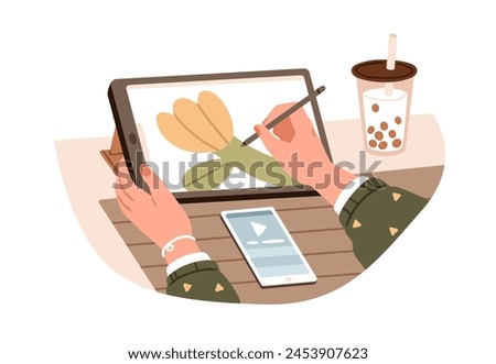 Digital artist drawing on electronic tablet with stylus, creating graphic illustration at work desk. Illustrators hand with pen and pad at creative workplace. Flat vector isolated on white background