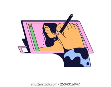 Imagem de desenho de artista digital com caneta digitalizadora na mesa digitalizadora de gráficos. O Illustrator mantém a caneta em mãos, pintando em um dispositivo artístico. O Painter cria um trabalho artístico na tela. Ilustração de vetor isolado plano em branco