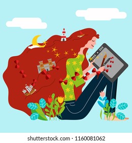 A digital artist freelance creates illustration with traditional brush and graphic tablet and her imagination and fantasy create a magic world - Vector illustration for web banner and business cards