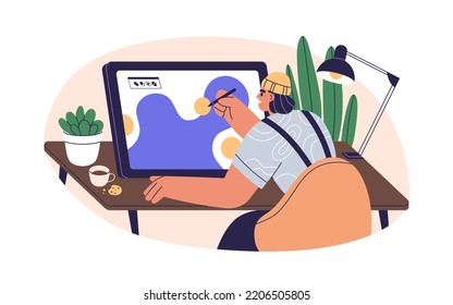 Digital artist, illustrator drawing on tablet PC. Graphic designer with stylus at work at desk. Person creating abstract design on screen. Flat vector illustration isolated on white background