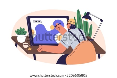 Digital artist, illustrator drawing on tablet PC. Graphic designer with stylus at work at desk. Person creating abstract design on screen. Flat vector illustration isolated on white background