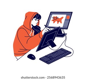 Digital artist painting on tablet at the desk. Painter creates arts on computer. Creative girl drawing sketches on PC at home office. Flat isolated contour vector illustration on white background