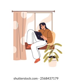 Digital artist sits on window sill and drawing. Creative freelancer painting at tablet at home office. Girl works online, studies by distance education. Flat isolated vector illustration on white