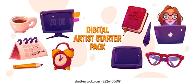 Paquete de iniciación de artista digital. Lugar de trabajo creativo, tableta gráfica, cuaderno de bocetos, lentes, lápices, calendario, monitor de computadora y niña con portátil, ilustración de caricatura vectorial