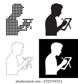 Digital artist working on a tablet with a stylus, presented in multiple iconic forms
