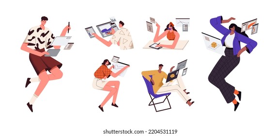 Digital artists set. Creative people, 3d and graphic designers, illustrators designing and drawing on tablet PC screen, painting and sketching. Flat vector illustrations isolated on white background