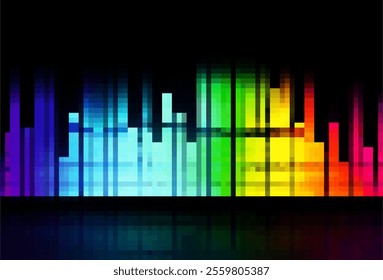 Digital artwork or animation that features a palette of vibrant neon beams and pixels arranged to create sense of visual harmony and balance. Pixel equalizer element suggests a focus on graphics 