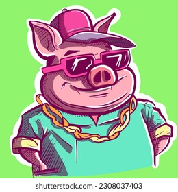 Digital artwork of a big fat pig wearing sunglasses, a hip hop hat and a shirt. Smiling humanized boar. Vector of a cool farm animal.