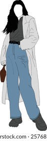 Digital artwork of a fashionably dressed woman in long coat and jeans holding a purse, offering a modern and trendy urban aesthetic.