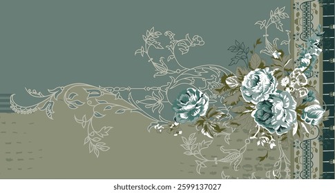 digital artwork featuring a floral design with a muted color palette, for textile, wallpaper, gift wrapping.